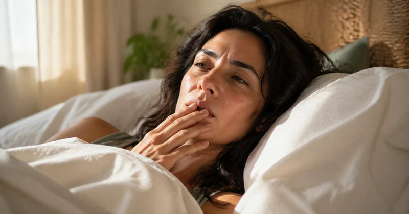 Person waking up with dry mouth in early morning bedroom