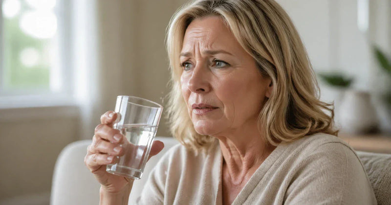Person experiencing severe dry mouth discomfort in soft daylight