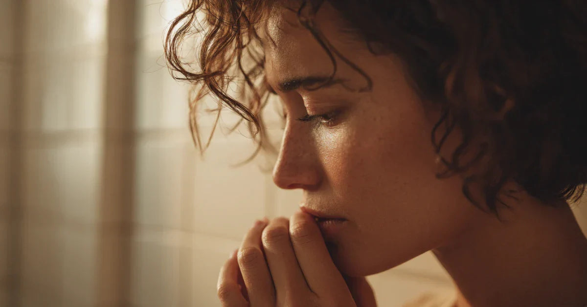 Person checking morning breath in bathroom mirror