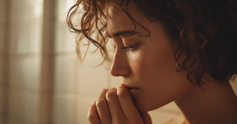 Person checking morning breath in bathroom mirror