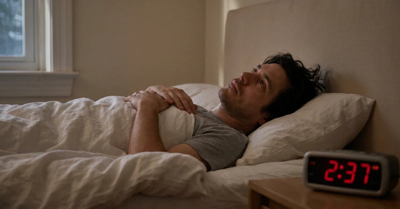 Person awake in bed at night unable to sleep