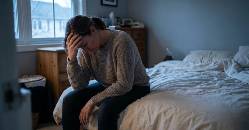 Person experiencing chronic insomnia in dim bedroom