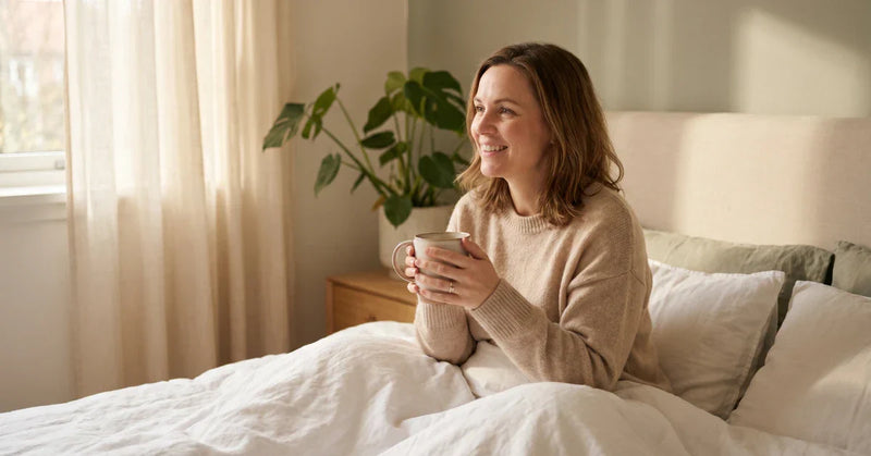Person waking refreshed in well-lit bedroom