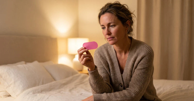 Adult considering mouth tape safety in soft lit bedroom