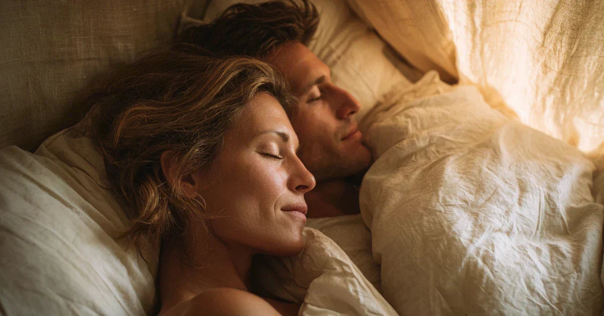 Couple sleeping peacefully after natural snoring solutions