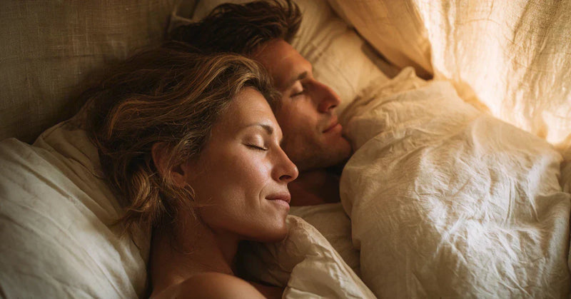 Couple sleeping peacefully after natural snoring solutions