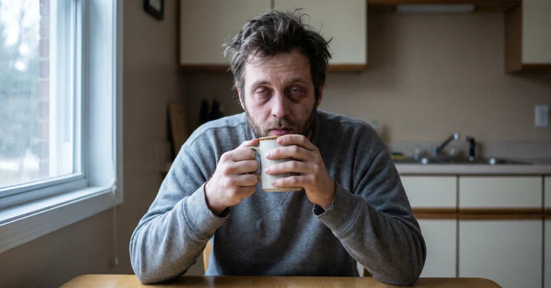Exhausted person showing signs of chronic sleep deprivation